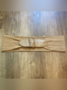 5/$15 Tan Crochet/Knit Fabric 3.25” Belt (27-28.5”)